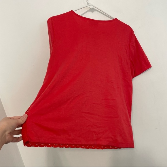ALFRED DUNNER Coral Red Crochet Lace Overlay 1/4 Zip Zipper Short Sleeve Blouse - Picture 15 of 15